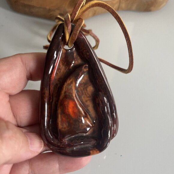 Studio Art Pottery Pendant Modernist Ceramic Necklace Abstract Bear Claw Signed - Picture 3 of 5